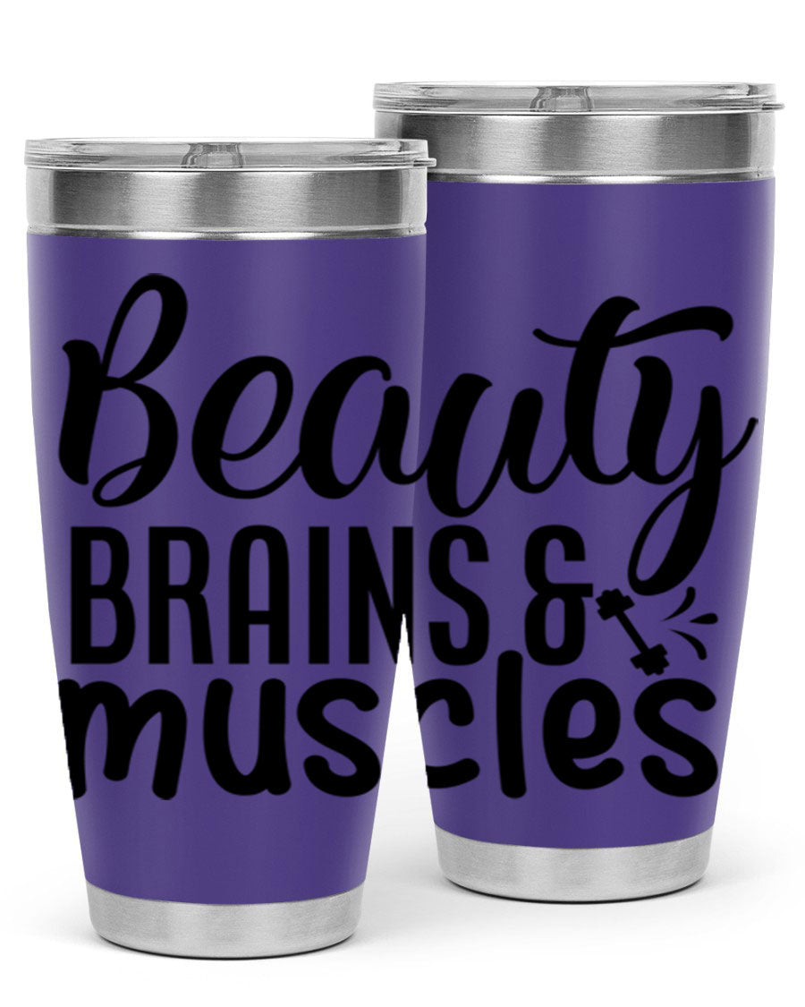 Beauty Brains Muscles 51# Gym Tumbler in stainless steel with a motivational design, perfect for hot and cold beverages.
