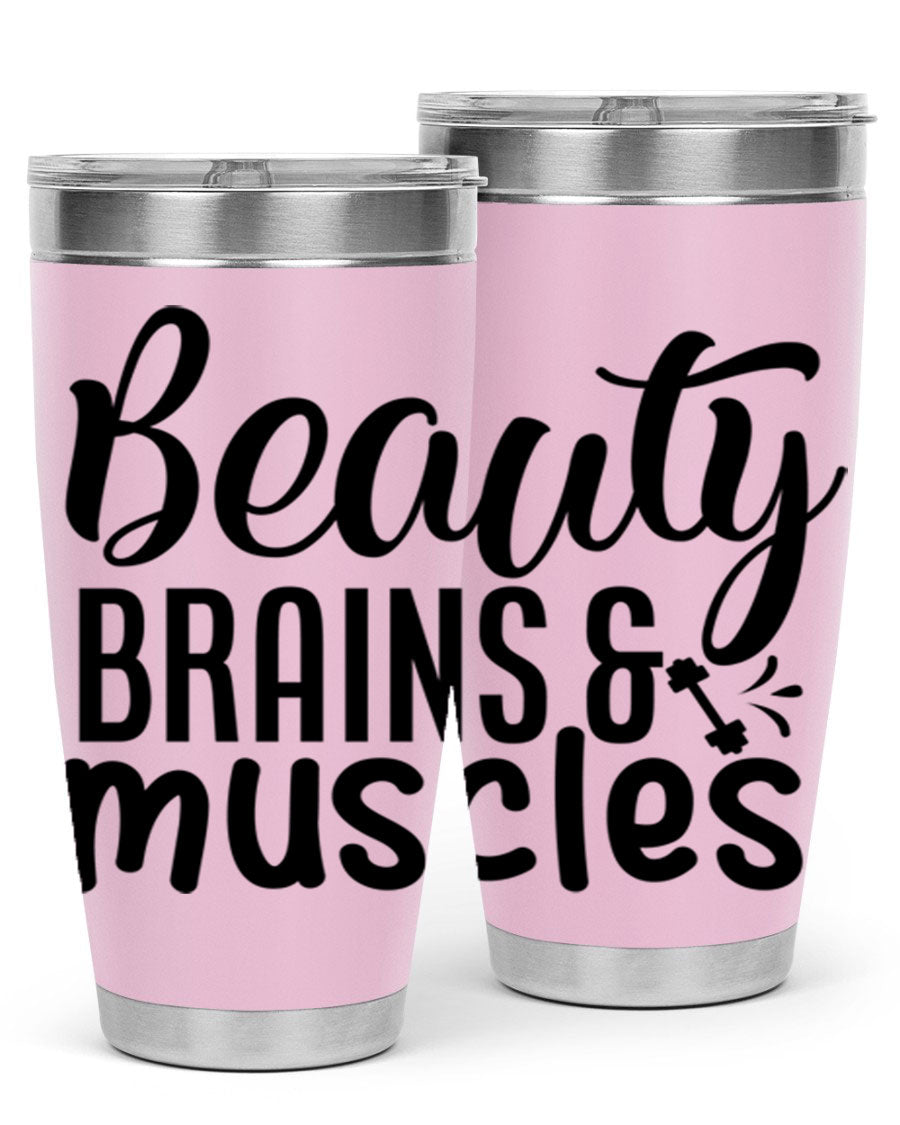 Beauty Brains Muscles 51# Gym Tumbler in stainless steel with a motivational design, perfect for hot and cold beverages.