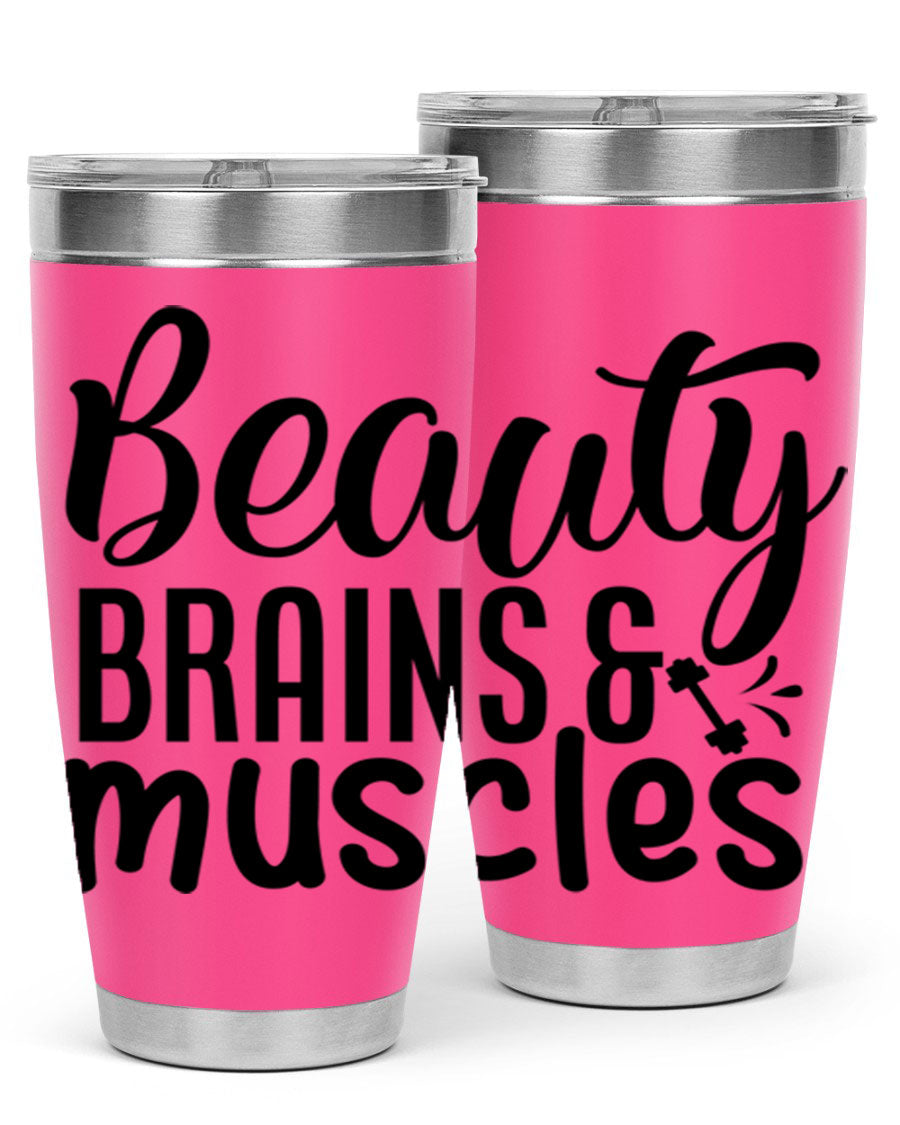 Beauty Brains Muscles 51# Gym Tumbler in stainless steel with a motivational design, perfect for hot and cold beverages.