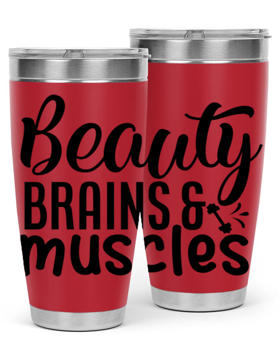 Beauty Brains Muscles 51# Gym Tumbler in stainless steel with a motivational design, perfect for hot and cold beverages.