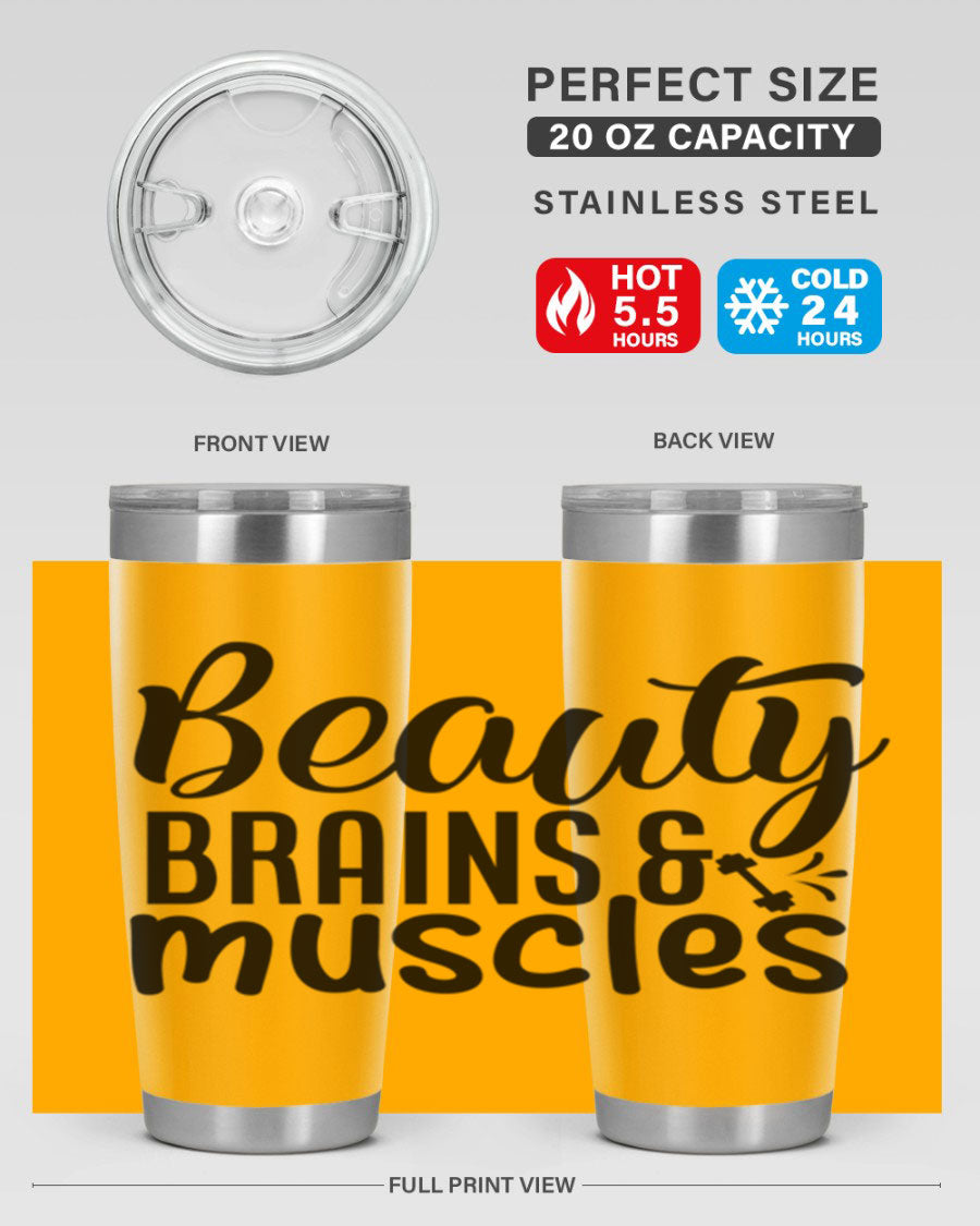 Beauty Brains Muscles 51# Gym Tumbler in stainless steel with a motivational design, perfect for hot and cold beverages.