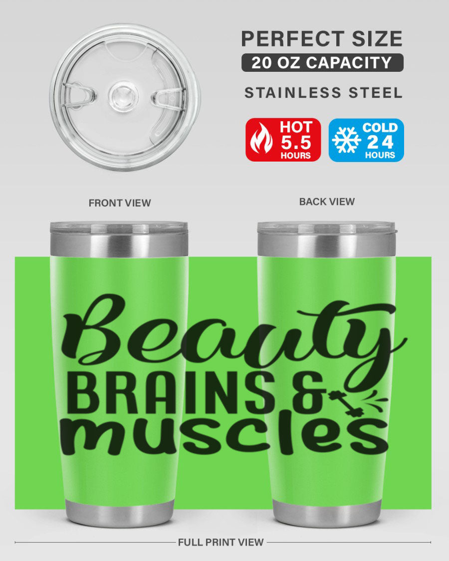 Beauty Brains Muscles 51# Gym Tumbler in stainless steel with a motivational design, perfect for hot and cold beverages.