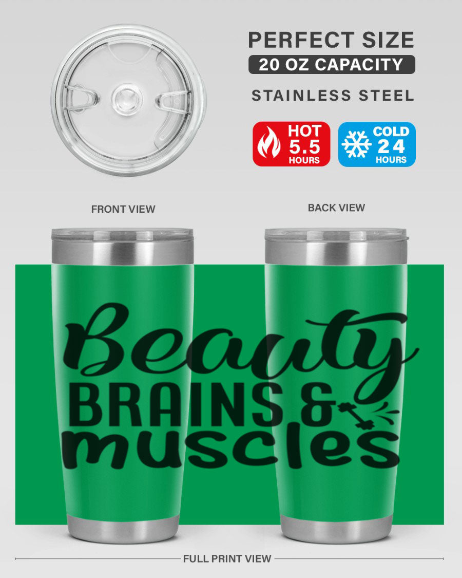 Beauty Brains Muscles 51# Gym Tumbler in stainless steel with a motivational design, perfect for hot and cold beverages.