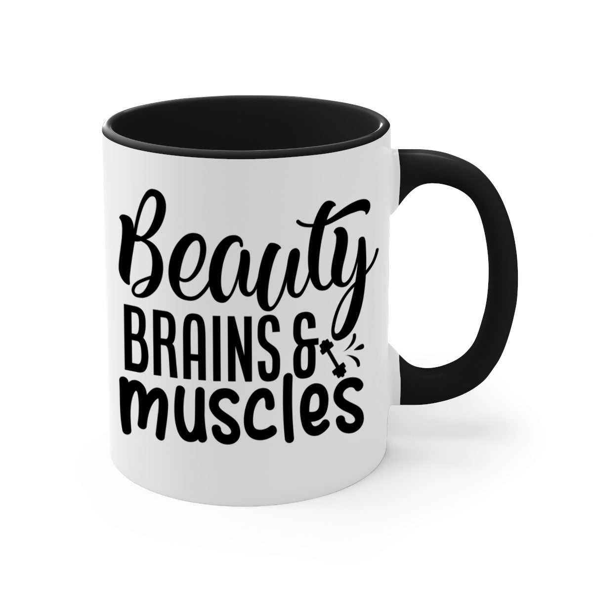 Beauty Brains Muscles 51# Gym Mug with a glossy finish and colored handle, available in multiple colors and sizes.