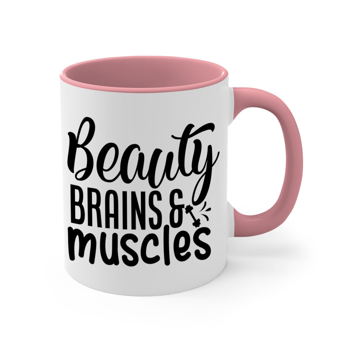 Beauty Brains Muscles 51# Gym Mug with a glossy finish and colored handle, available in multiple colors and sizes.