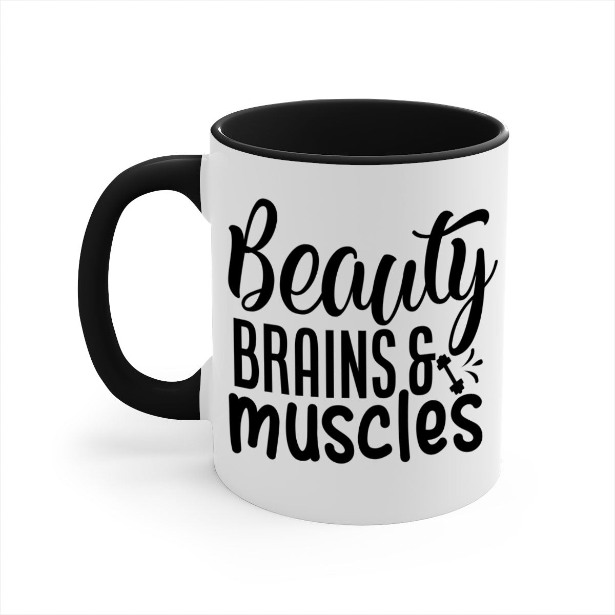 Beauty Brains Muscles 51# Gym Mug with a glossy finish and colored handle, available in multiple colors and sizes.