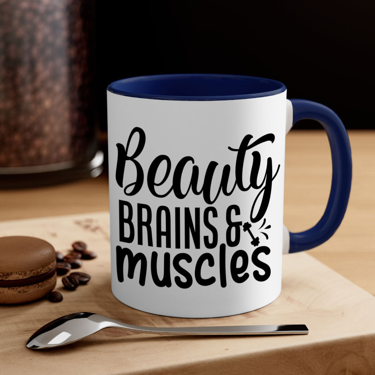 Beauty Brains Muscles 51# Gym Mug with a glossy finish and colored handle, available in multiple colors and sizes.