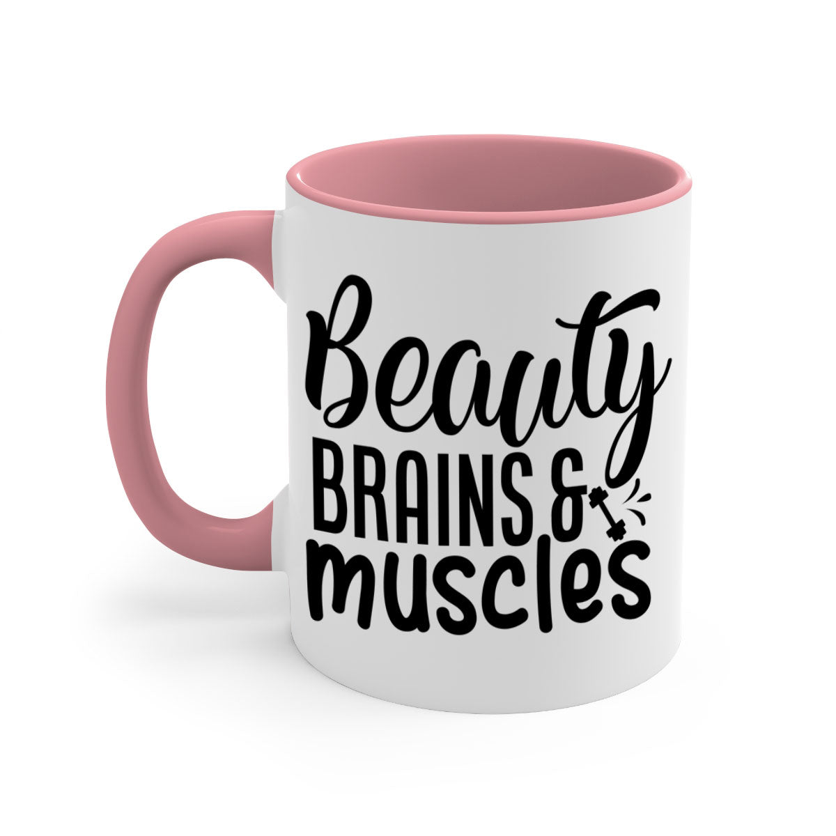 Beauty Brains Muscles 51# Gym Mug with a glossy finish and colored handle, available in multiple colors and sizes.