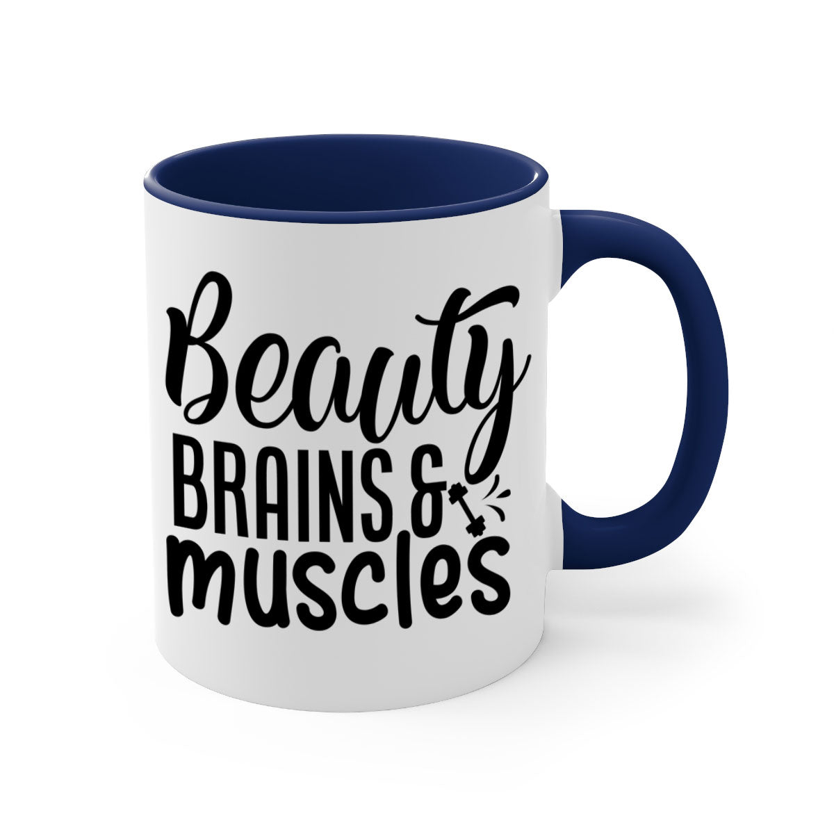 Beauty Brains Muscles 51# Gym Mug with a glossy finish and colored handle, available in multiple colors and sizes.
