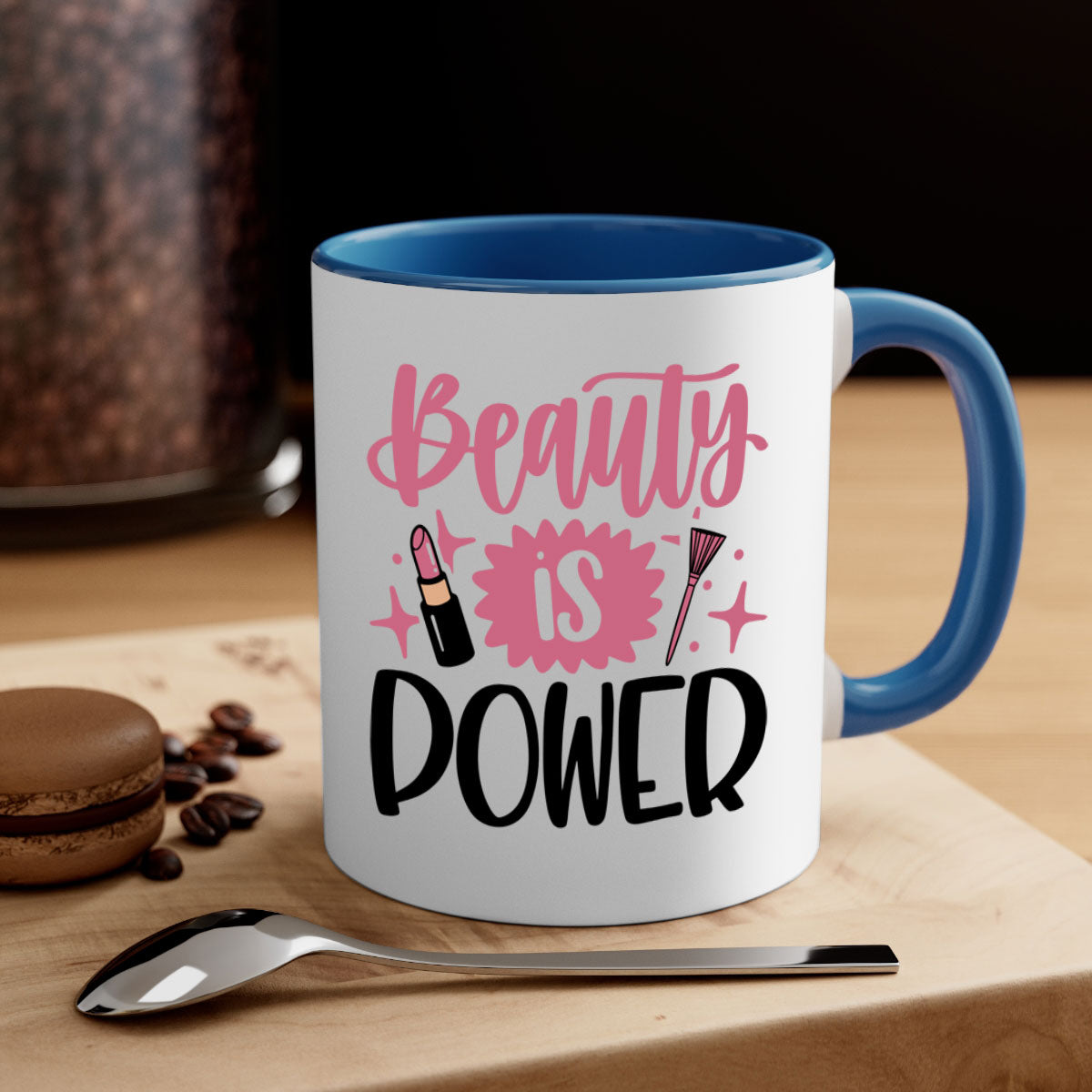 Beauty Is Power Style 135# mug with a glossy finish and colored handle, available in five colors and two sizes.