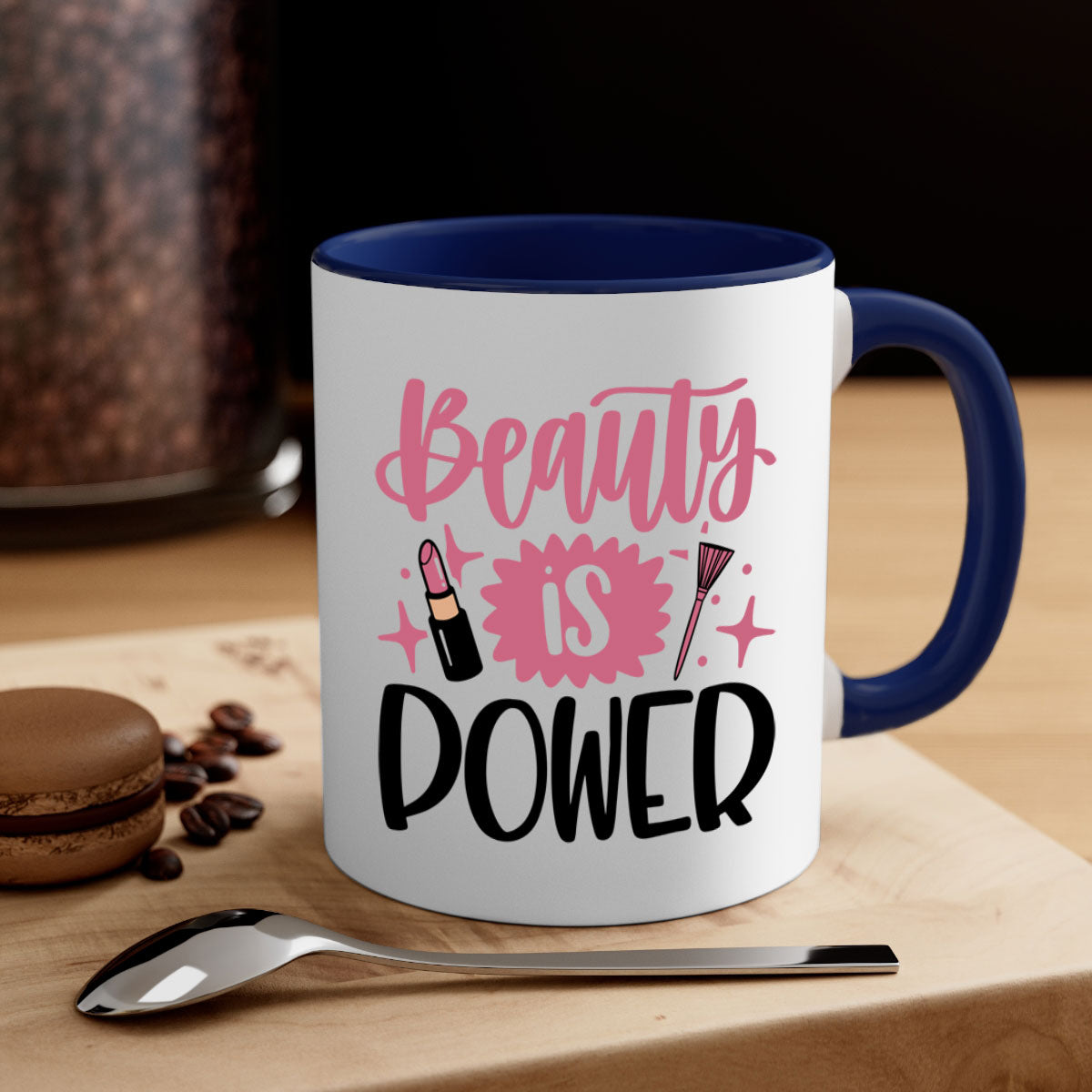 Beauty Is Power Style 135# mug with a glossy finish and colored handle, available in five colors and two sizes.