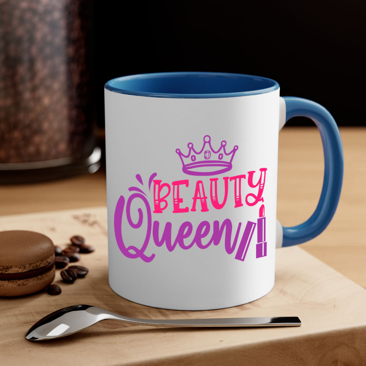 Beauty Queen Style 250# Mug featuring a glossy finish, colored handle, and interior, available in multiple colors and sizes.