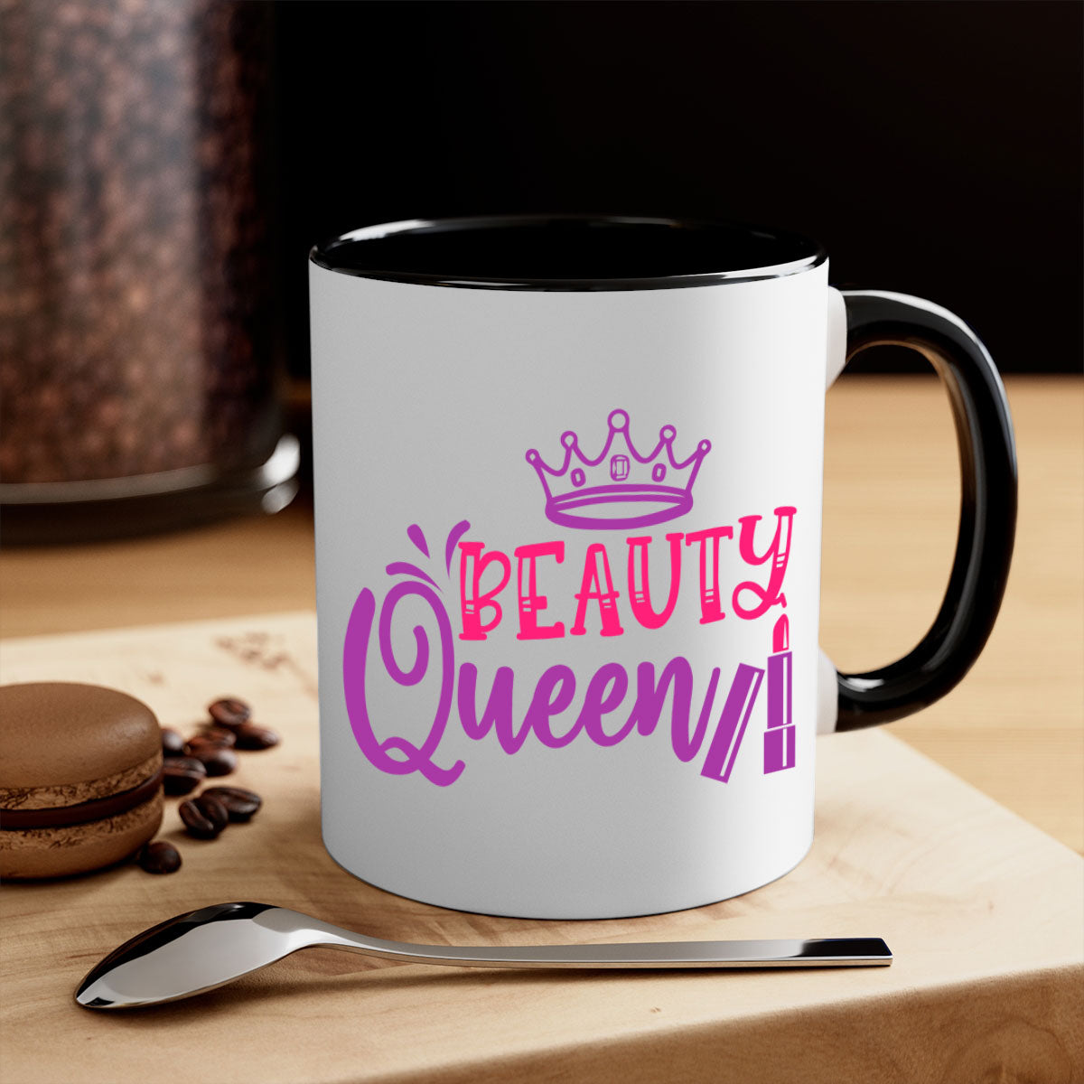 Beauty Queen Style 250# Mug featuring a glossy finish, colored handle, and interior, available in multiple colors and sizes.