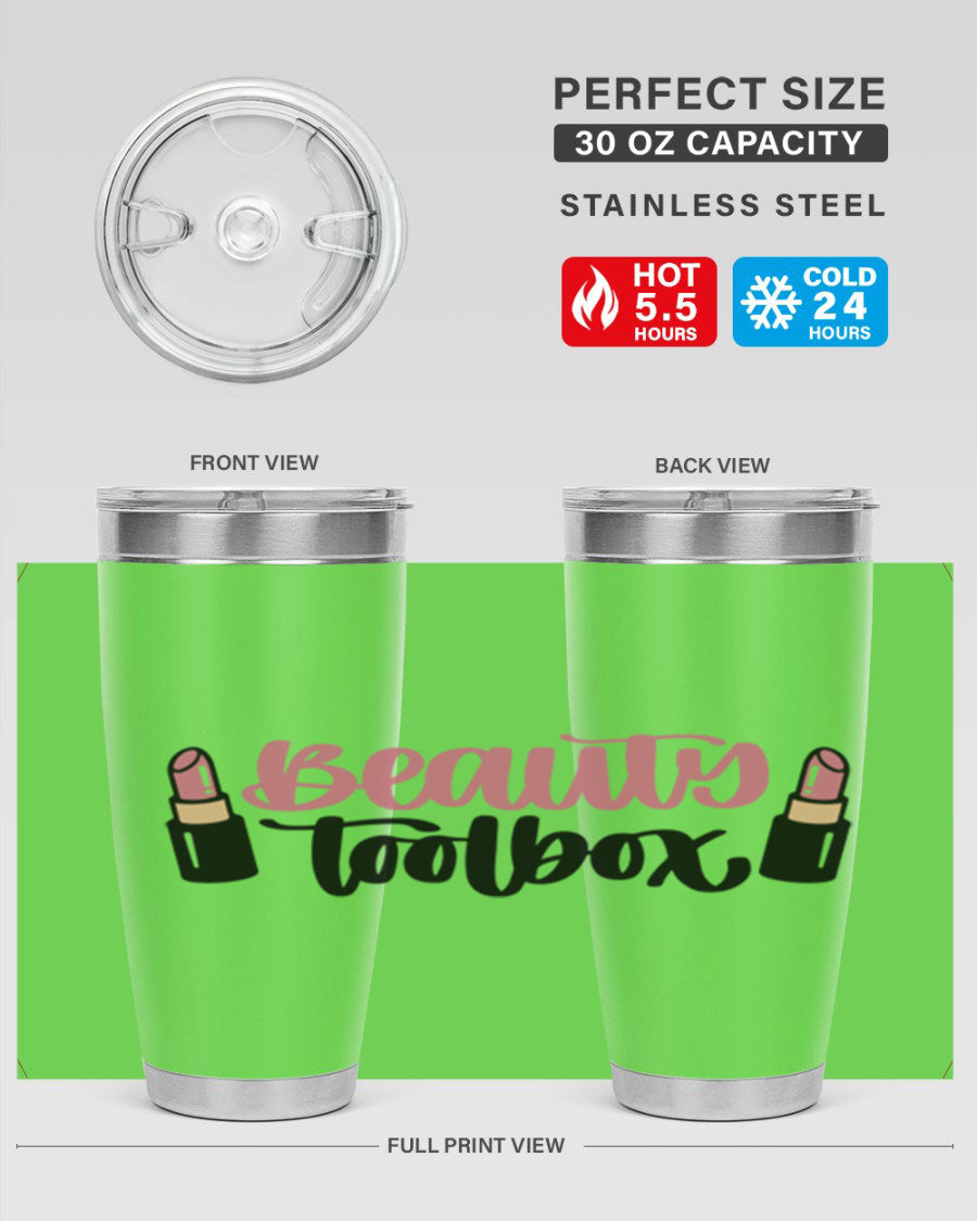Beauty Toolbox Style 134# 20oz Tumbler in stainless steel with a stylish design, perfect for hot and cold beverages.