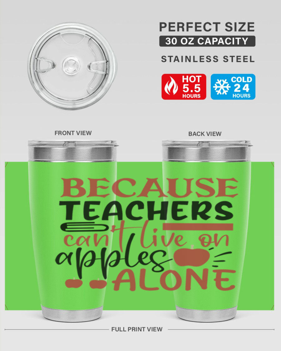 20oz and 30oz stainless steel tumblers with a fun teacher-themed design, showcasing their double wall vacuum insulation and drink-thru lid.
