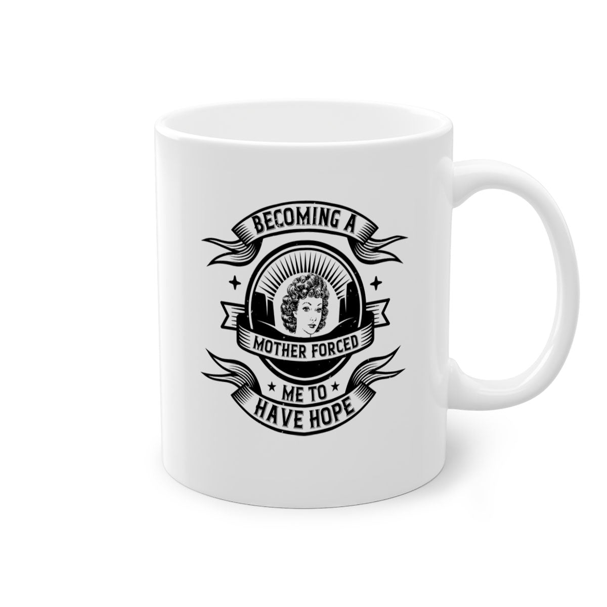 A stylish two-tone ceramic mug with the phrase 'Becoming a Mother Forced Me to Have Hope', featuring a colored handle and glossy finish.