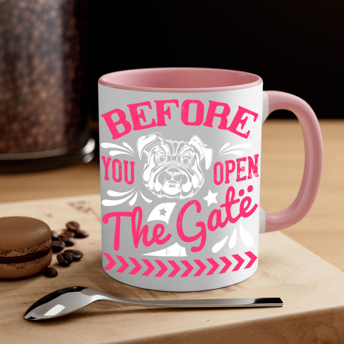 Before You Open The Gate Style 17# Dog Mug featuring a two-tone design with a colored handle and glossy finish, available in multiple colors.