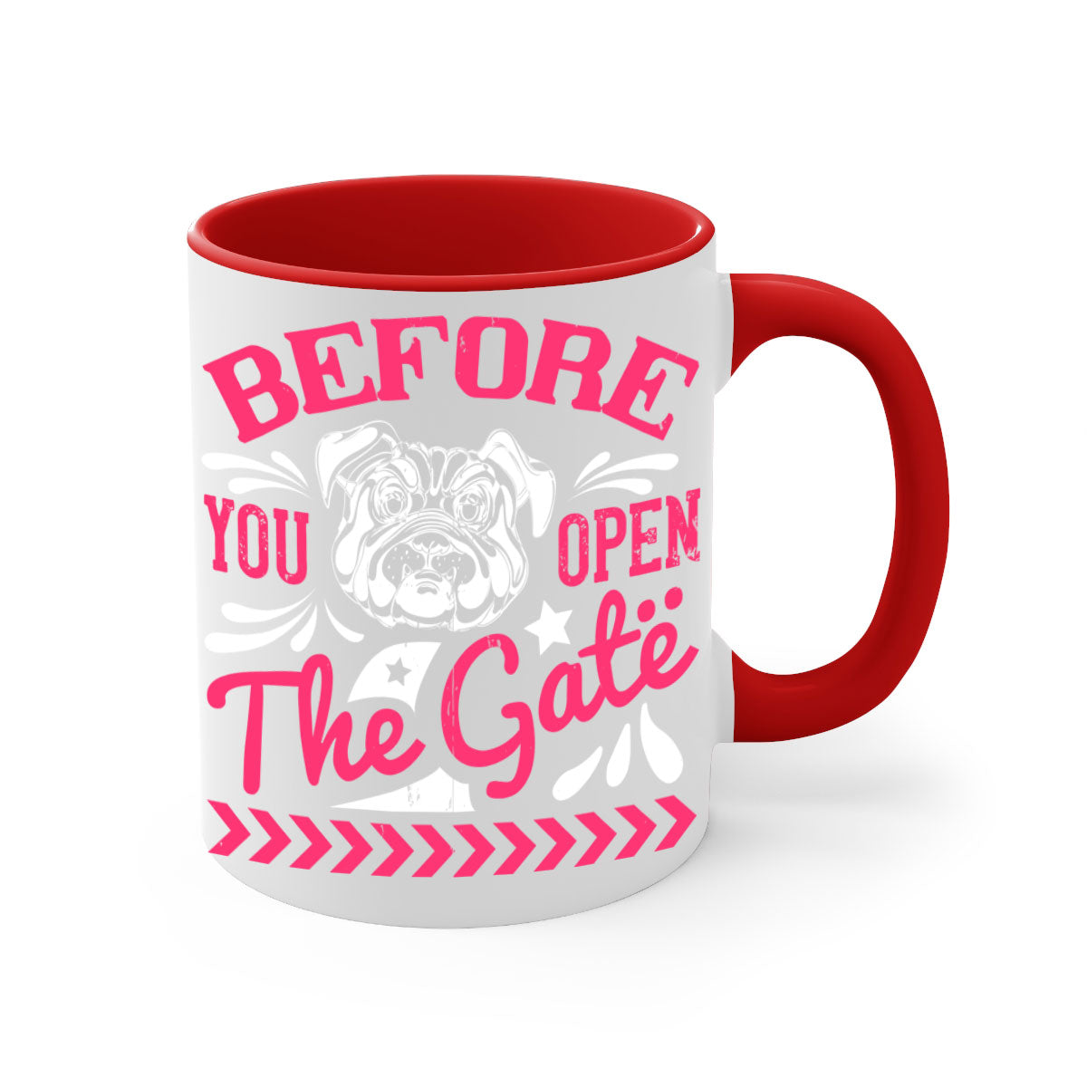 Before You Open The Gate Style 17# Dog Mug featuring a two-tone design with a colored handle and glossy finish, available in multiple colors.