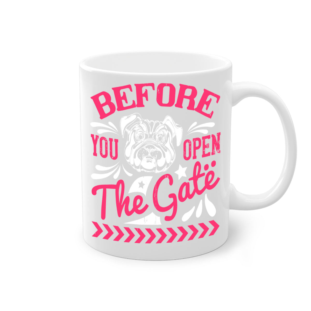 Before You Open The Gate Style 17# Dog Mug featuring a two-tone design with a colored handle and glossy finish, available in multiple colors.