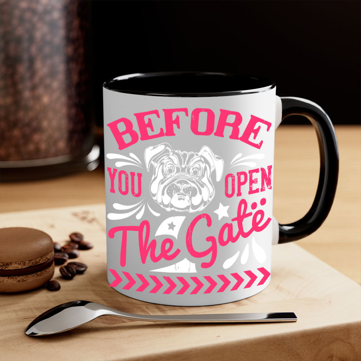 Before You Open The Gate Style 17# Dog Mug featuring a two-tone design with a colored handle and glossy finish, available in multiple colors.