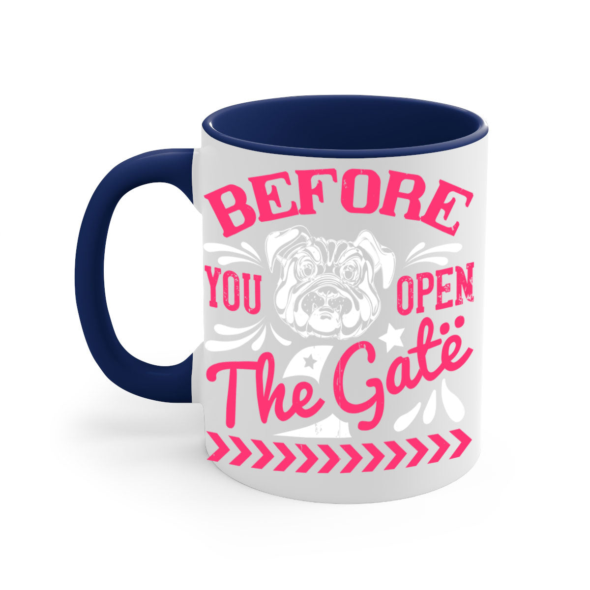 Before You Open The Gate Style 17# Dog Mug featuring a two-tone design with a colored handle and glossy finish, available in multiple colors.