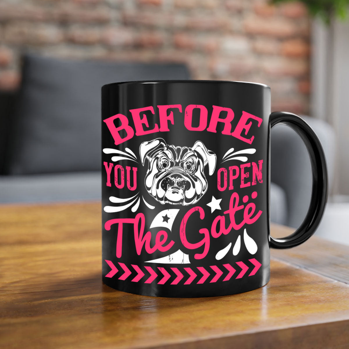 Before You Open The Gate Style 17# Dog Mug featuring a two-tone design with a colored handle and glossy finish, available in multiple colors.