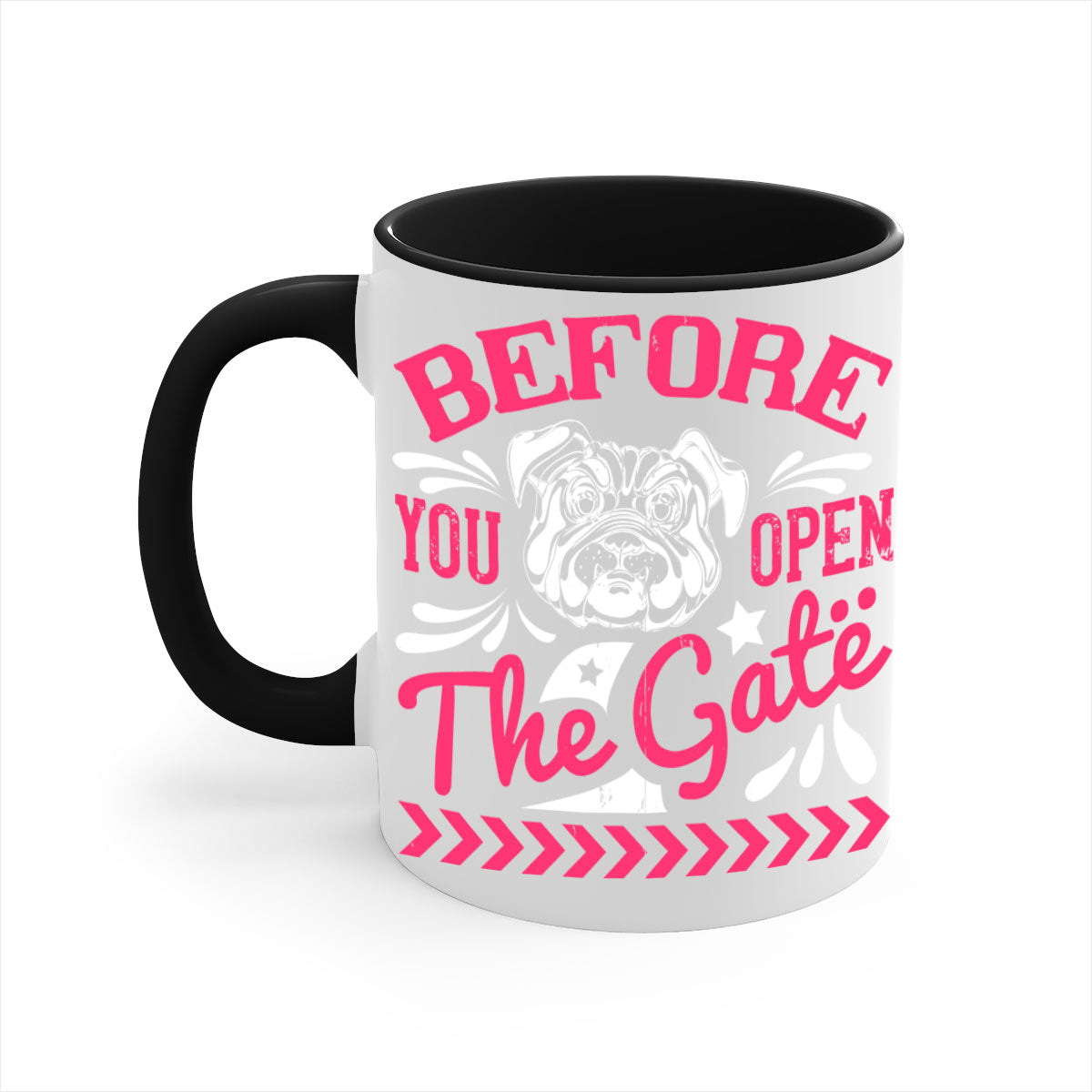 Before You Open The Gate Style 17# Dog Mug featuring a two-tone design with a colored handle and glossy finish, available in multiple colors.