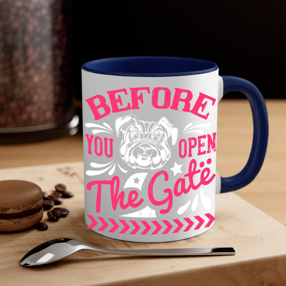 Before You Open The Gate Style 17# Dog Mug featuring a two-tone design with a colored handle and glossy finish, available in multiple colors.