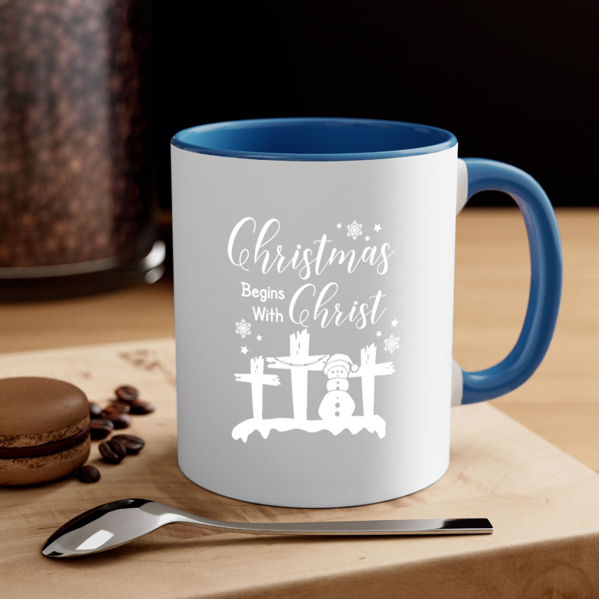 Begin Christ Style 17# Christmas Mug with colorful handle and glossy finish, available in multiple colors and sizes.