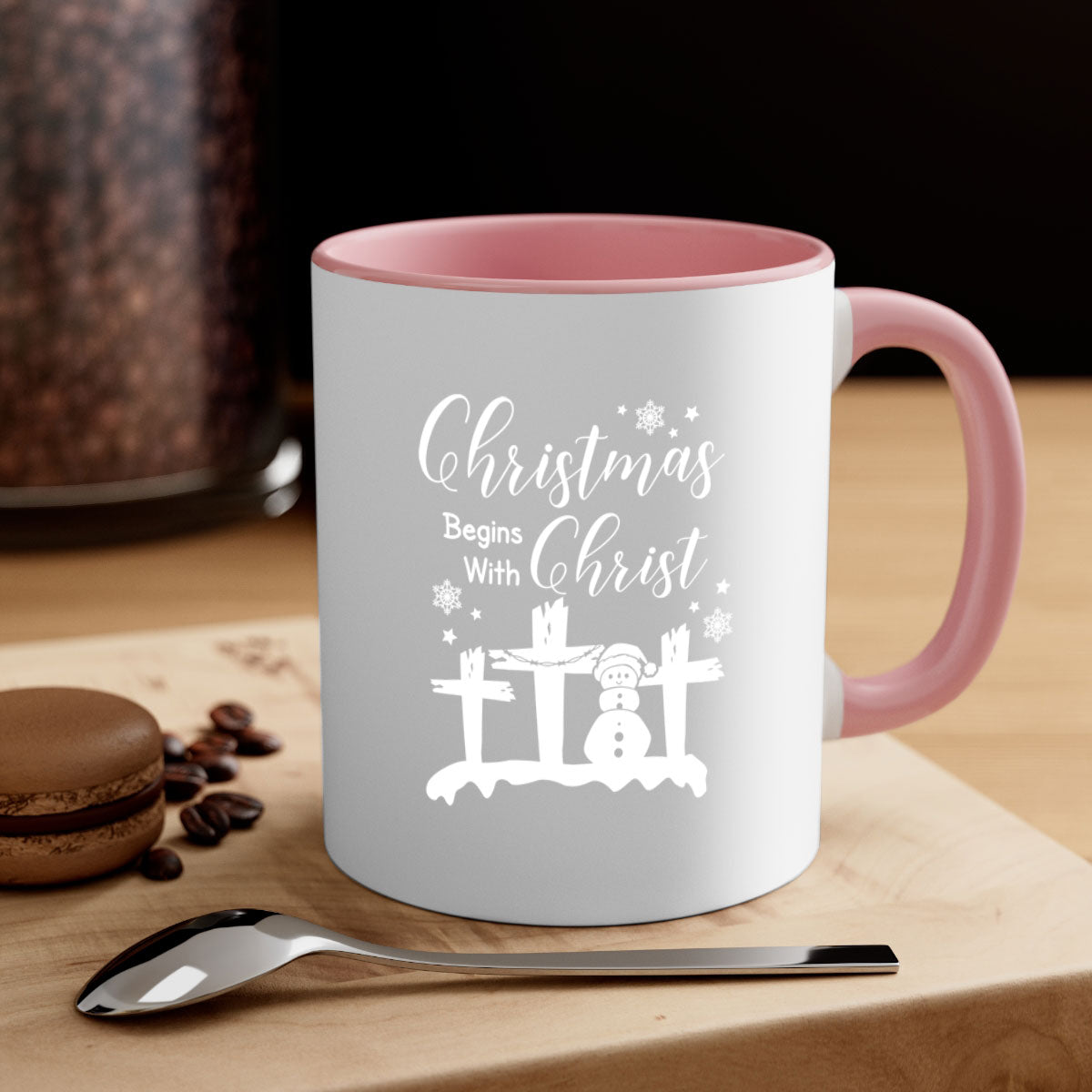 Begin Christ Style 17# Christmas Mug with colorful handle and glossy finish, available in multiple colors and sizes.