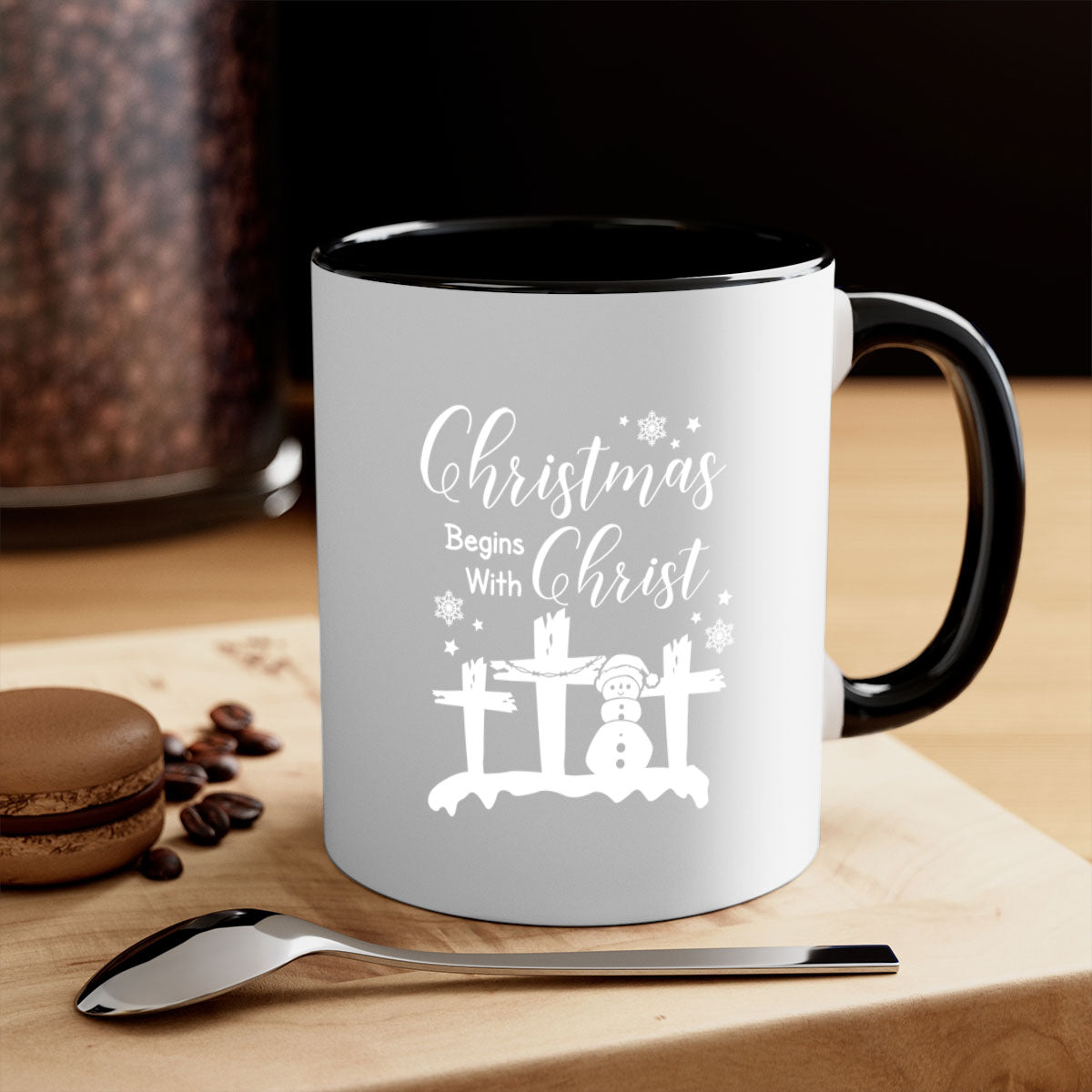Begin Christ Style 17# Christmas Mug with colorful handle and glossy finish, available in multiple colors and sizes.