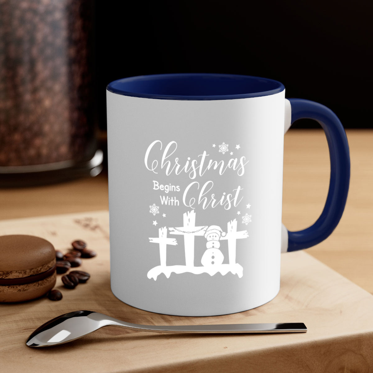 Begin Christ Style 17# Christmas Mug with colorful handle and glossy finish, available in multiple colors and sizes.