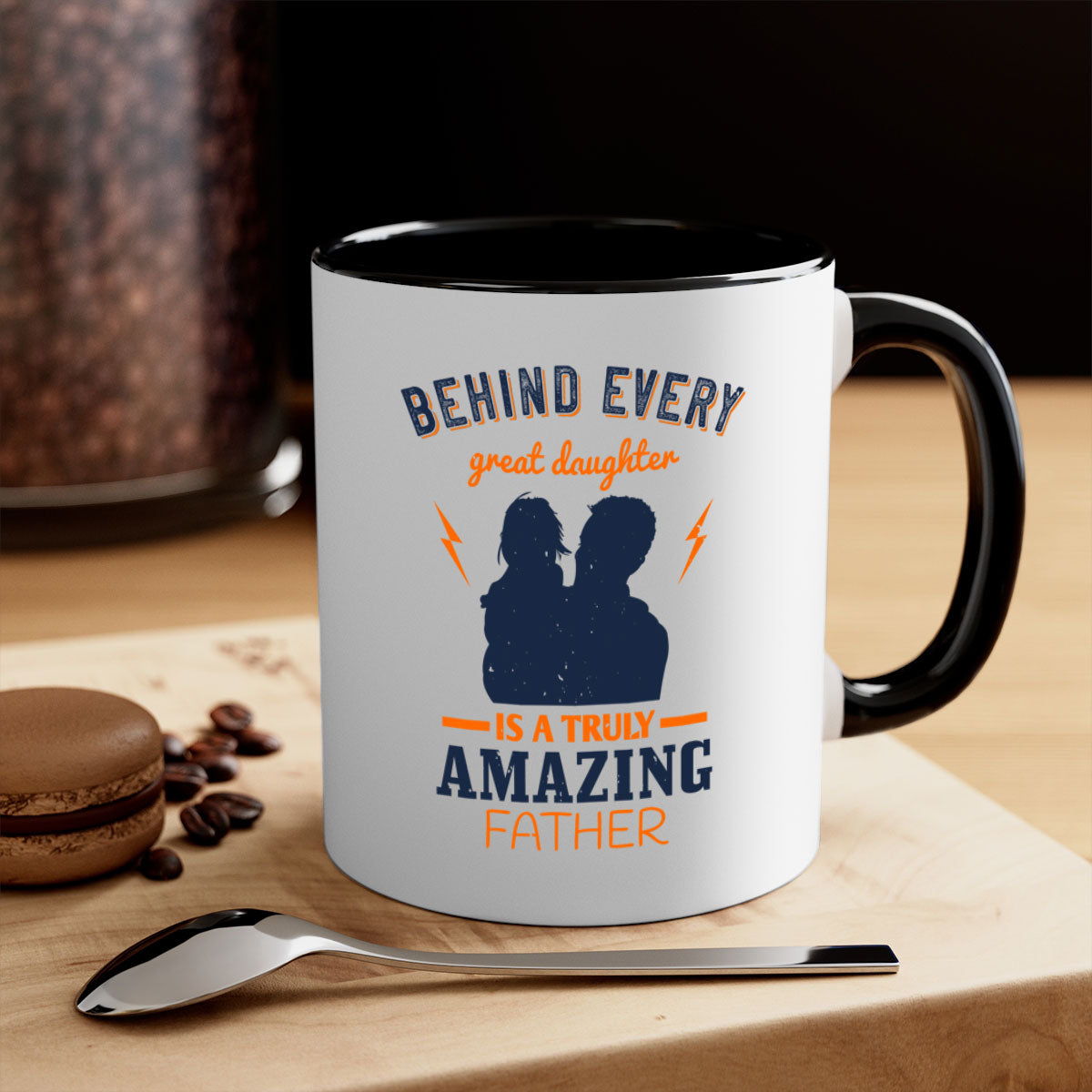 Ceramic mug with 'Behind Every Great Daughter' design, featuring a glossy finish and colored handle, available in multiple colors.