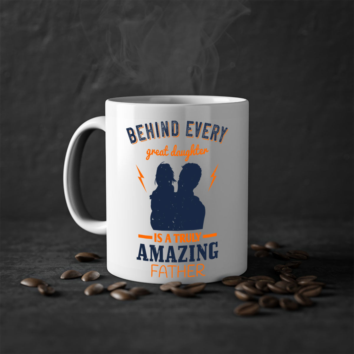 Ceramic mug with 'Behind Every Great Daughter' design, featuring a glossy finish and colored handle, available in multiple colors.