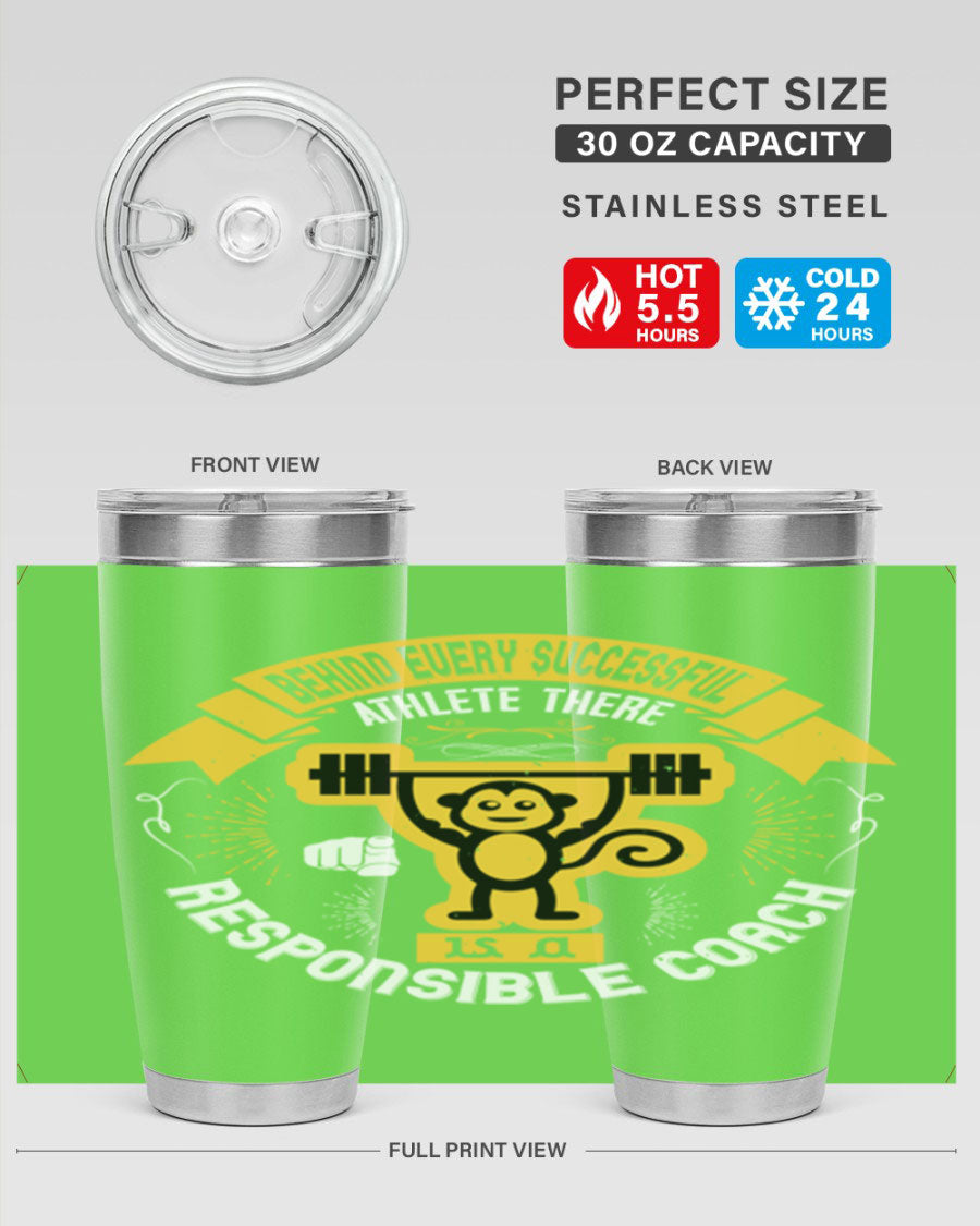 Behind Every Successful Athlete tumbler in stainless steel with a drink-thru lid, showcasing its sleek design and insulation features.