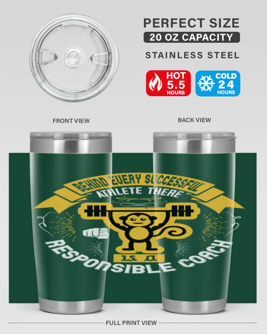 Behind Every Successful Athlete tumbler in stainless steel with a drink-thru lid, showcasing its sleek design and insulation features.