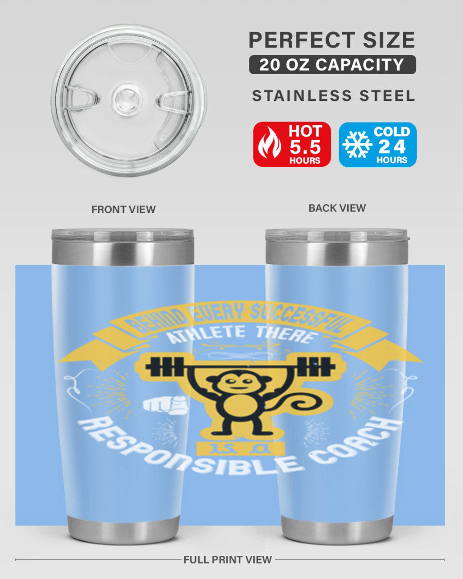 Behind Every Successful Athlete tumbler in stainless steel with a drink-thru lid, showcasing its sleek design and insulation features.
