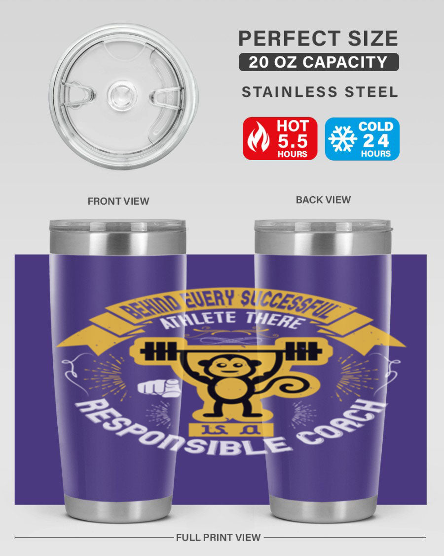 Behind Every Successful Athlete tumbler in stainless steel with a drink-thru lid, showcasing its sleek design and insulation features.