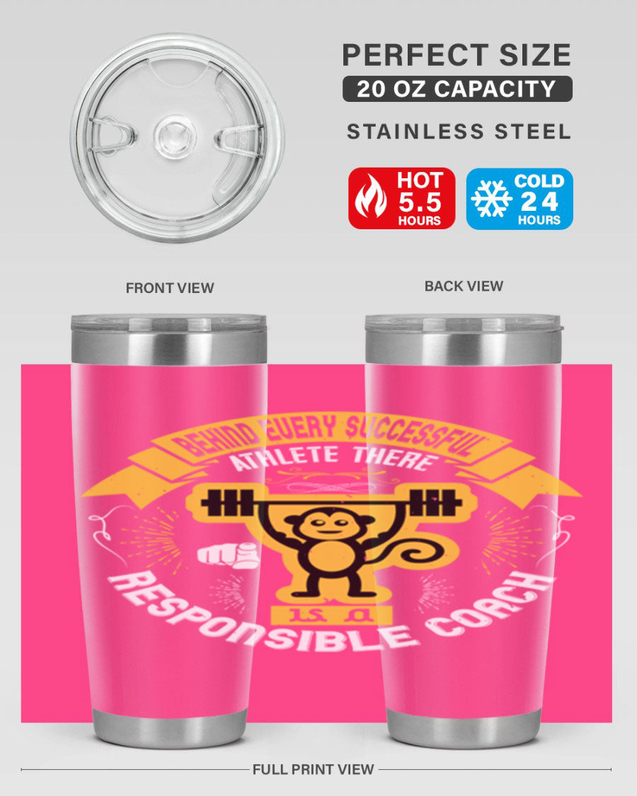 Behind Every Successful Athlete tumbler in stainless steel with a drink-thru lid, showcasing its sleek design and insulation features.