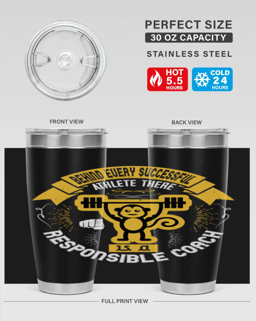 Behind Every Successful Athlete tumbler in stainless steel with a drink-thru lid, showcasing its sleek design and insulation features.