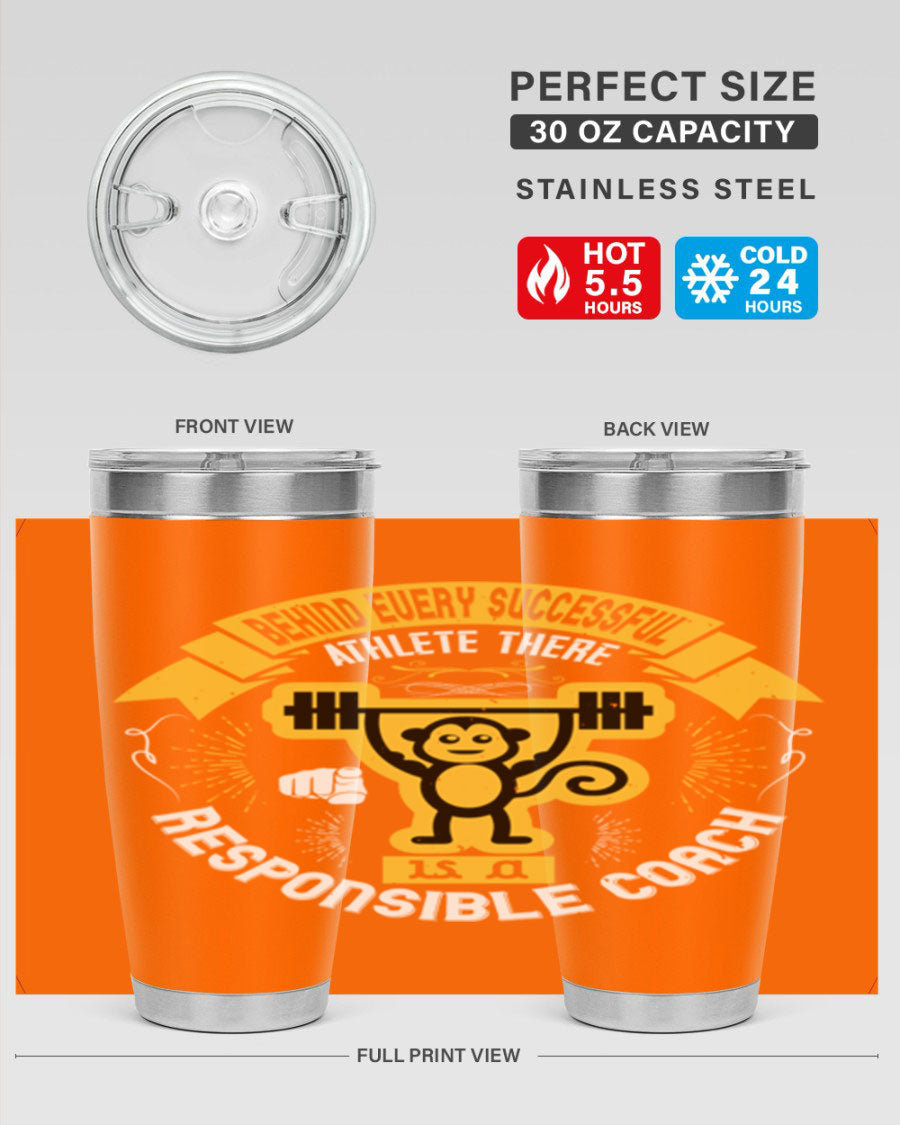 Behind Every Successful Athlete tumbler in stainless steel with a drink-thru lid, showcasing its sleek design and insulation features.