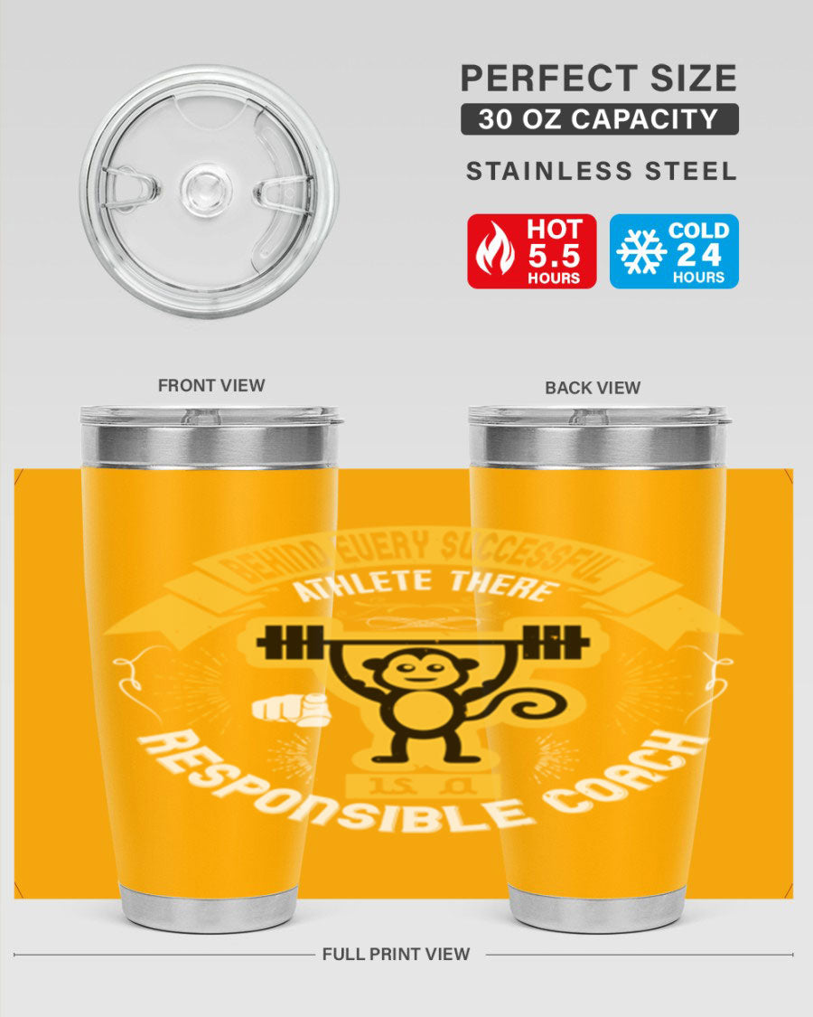 Behind Every Successful Athlete tumbler in stainless steel with a drink-thru lid, showcasing its sleek design and insulation features.
