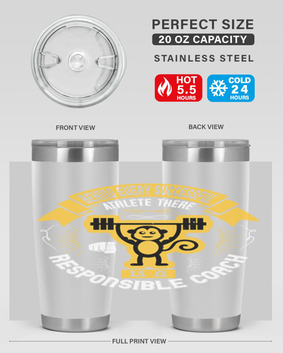 Behind Every Successful Athlete tumbler in stainless steel with a drink-thru lid, showcasing its sleek design and insulation features.