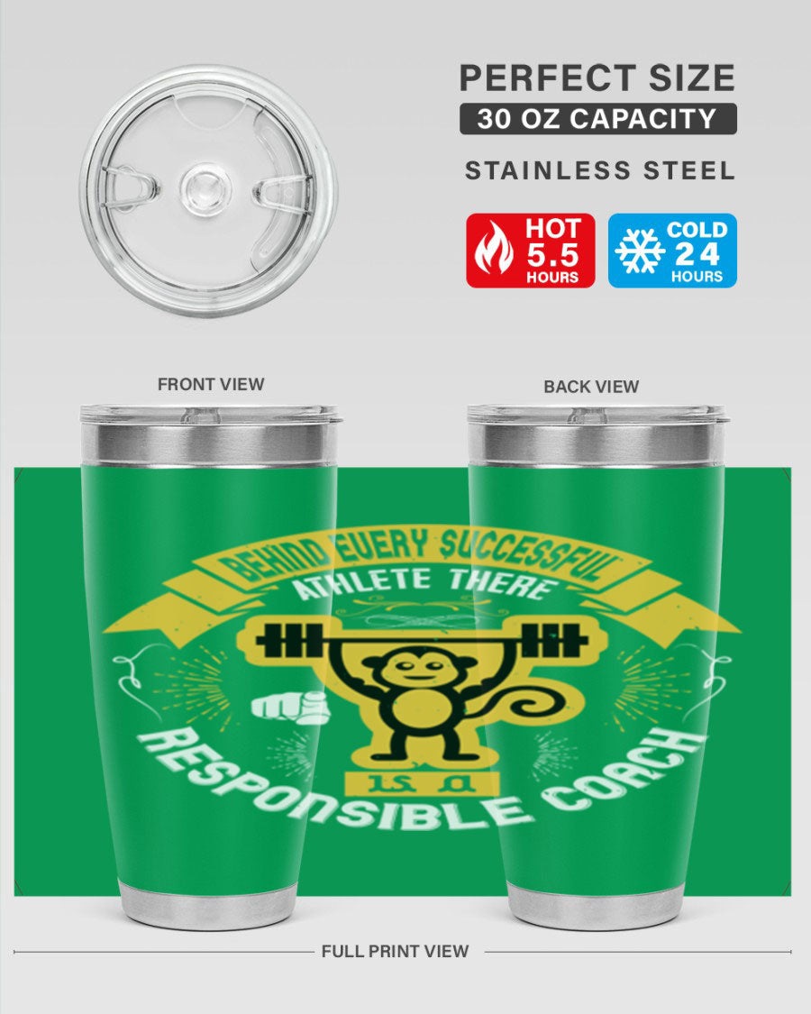 Behind Every Successful Athlete tumbler in stainless steel with a drink-thru lid, showcasing its sleek design and insulation features.