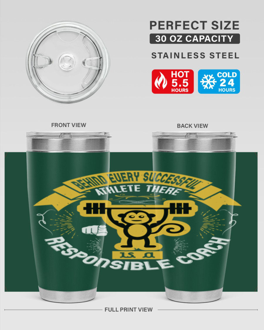 Behind Every Successful Athlete tumbler in stainless steel with a drink-thru lid, showcasing its sleek design and insulation features.