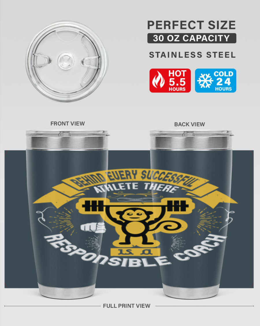 Behind Every Successful Athlete tumbler in stainless steel with a drink-thru lid, showcasing its sleek design and insulation features.