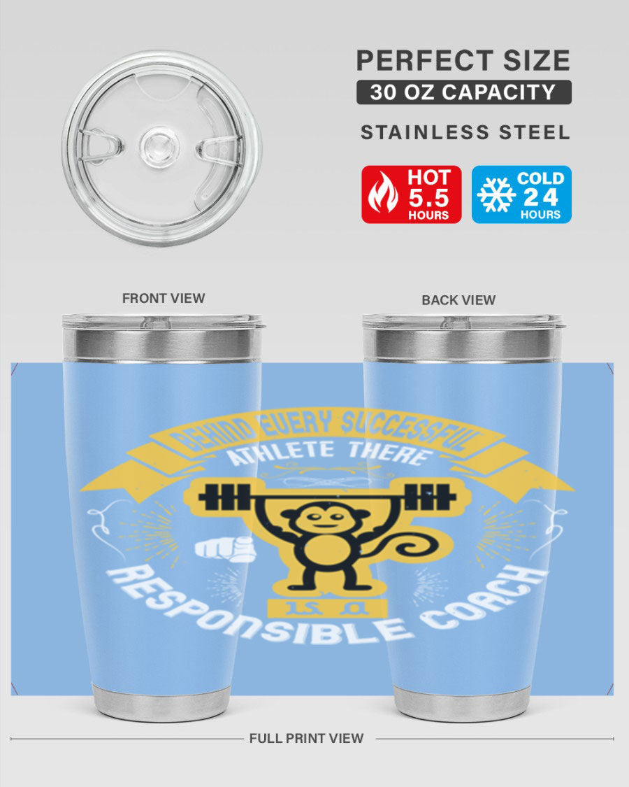 Behind Every Successful Athlete tumbler in stainless steel with a drink-thru lid, showcasing its sleek design and insulation features.
