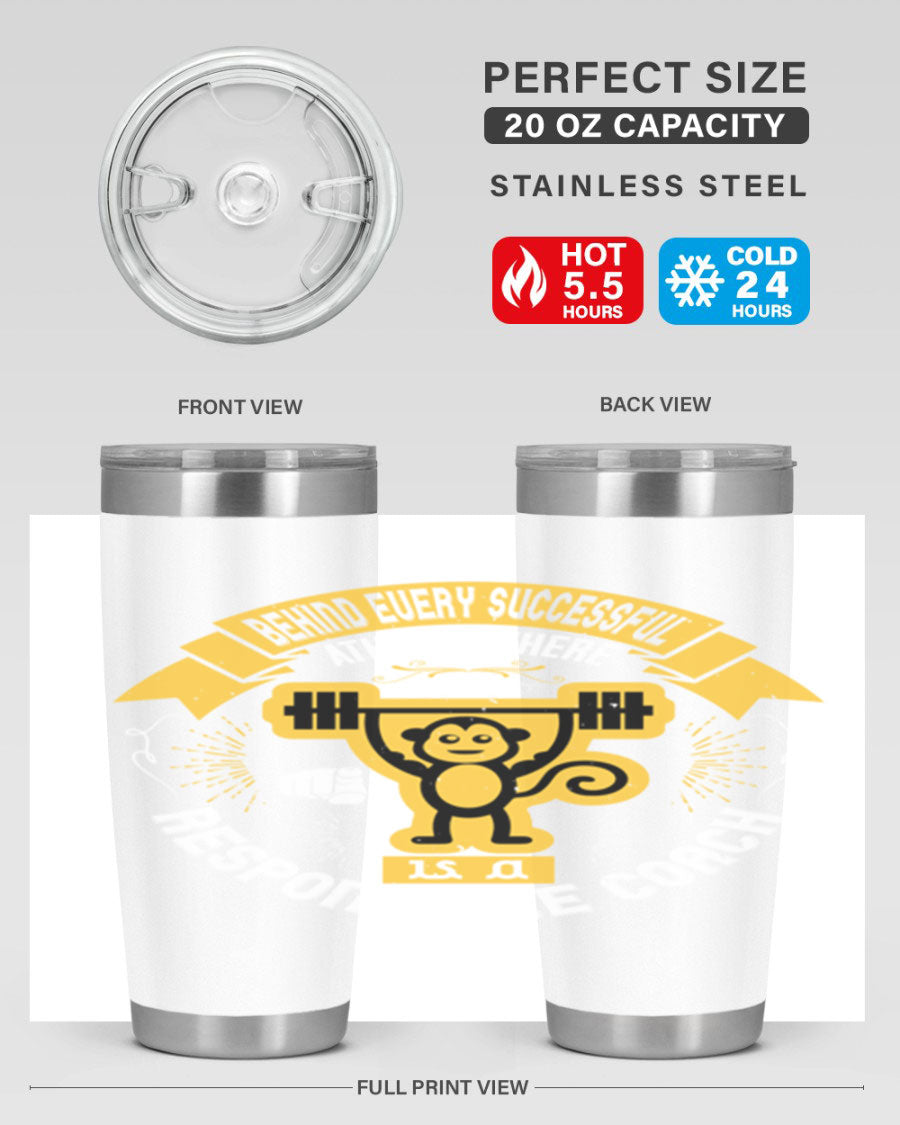 Behind Every Successful Athlete tumbler in stainless steel with a drink-thru lid, showcasing its sleek design and insulation features.