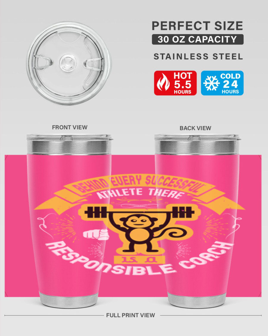 Behind Every Successful Athlete tumbler in stainless steel with a drink-thru lid, showcasing its sleek design and insulation features.