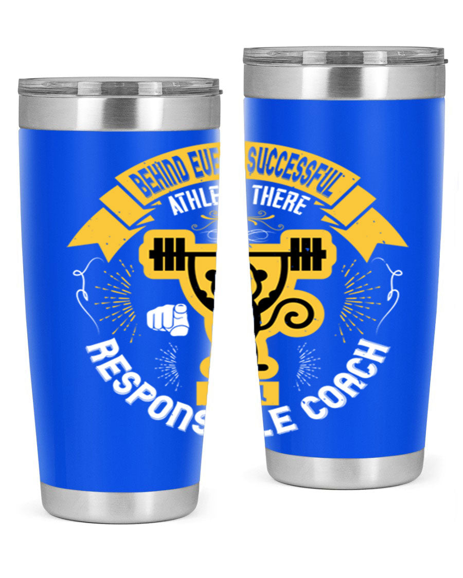 Behind Every Successful Athlete tumbler in stainless steel with a drink-thru lid, showcasing its sleek design and insulation features.